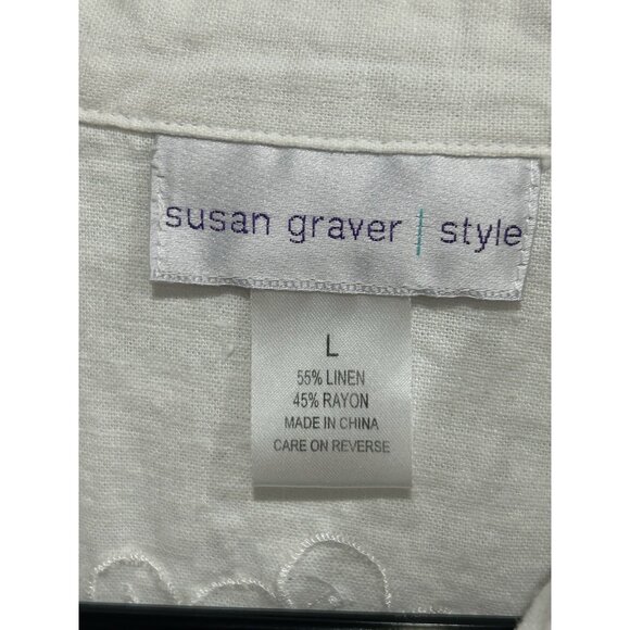 Susan Graver Embroidered Button Up Shirt Sz Large Laser Cutout Linen Bohemian - Picture 5 of 9